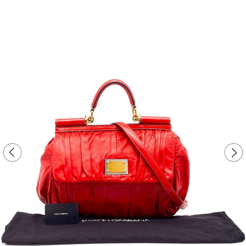 Dolce & Gabbana Red Pleated Leather Large Miss Sicily Top Handle Bag